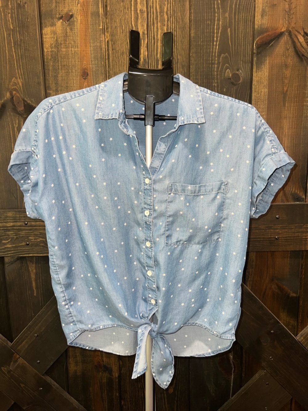 Beachlunchlounge Tie Front Top S Denim Blue Star Print Lyocell Patriotic Casual